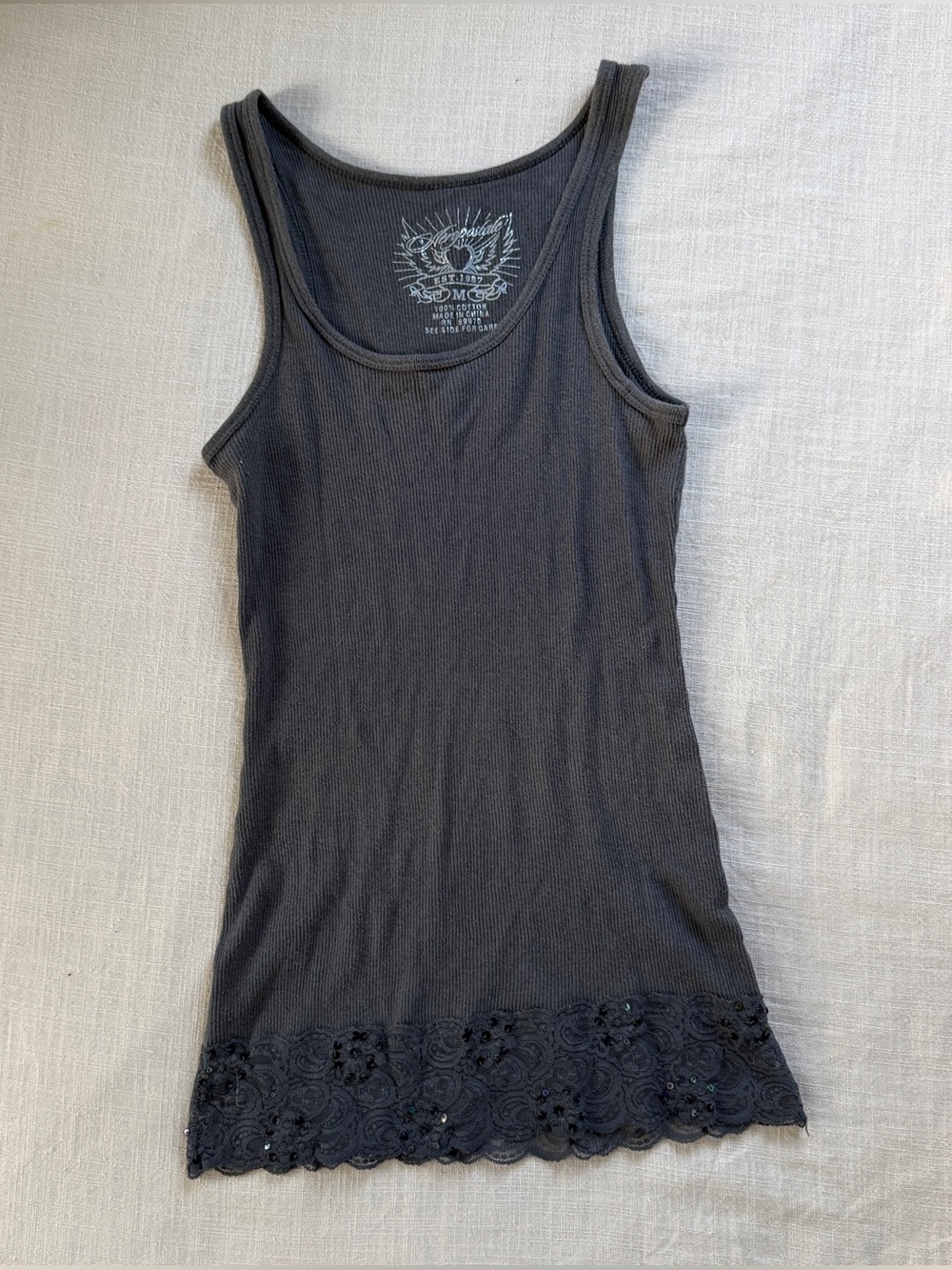 Vintage Y2K Aeropostale Grey Ribbed Cami Tank Top Lace Sequin Trim M